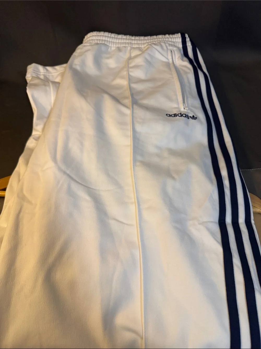 adidas White Track Pants with Navy Side Stripes